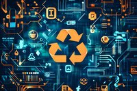 Digital recycling symbol on futuristic circuit board background with technology icons representing sustainable electronic waste management.