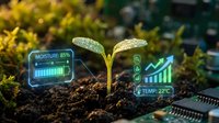 Smart agriculture technology monitoring plant growth with digital sensors displaying moisture levels and temperature data in sustainable farming environment.