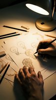 Creative hands sketching lightbulb ideas with gears and brain concepts on paper under warm desk lamp light for innovation and brainstorming projects.