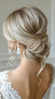 Elegant blonde low bun hairstyle with loose tendrils and crystal earrings, showcasing intricate updo from behind for bridal or formal occasions.