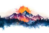 Vibrant watercolor mountain landscape with dramatic sunset, snowy peaks, and silhouetted pine forest against orange sky, painted in ethereal flowing style.