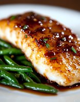 Glazed salmon fillet with caramelized honey-soy coating served alongside vibrant green beans, garnished with fresh herbs on white plate, macro food photography.