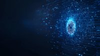 Glowing digital fingerprint scan with circuit pattern streams on dark blue background, representing biometric security and identity verification technology.