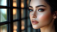 Young Asian woman with flawless makeup and glowing skin gazes thoughtfully through window with soft bokeh lights, showcasing professional beauty and cosmetic artistry.