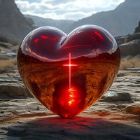 Glowing red heart with luminous cross on rocky terrain against mountainous backdrop, dramatic sky and ethereal lighting creates spiritual atmosphere.