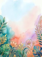 Watercolor botanical illustration with vibrant gradient background featuring stylized leaves and flowers in teal, coral, and purple tones. Isolated design suitable for wall art, textiles, and creative projects.