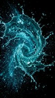 Turquoise water splash with dynamic swirling motion and scattered droplets against black background, suitable for cosmetics, skincare, beverage, and wellness product marketing.
