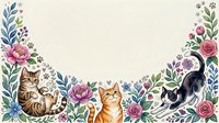 Adorable kittens playing among colorful floral border with roses and leaves on cream background for greeting cards, invitations and decorative designs.