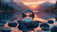 Crystal sphere on stone reflecting mountain lake at sunset with dramatic orange sky and silhouetted peaks.