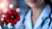 Vibrant red poppy flower in focus with blurred female healthcare professional in white coat and stethoscope in background, creating medical atmosphere.