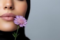 Close up of feminine lips with natural makeup and purple daisy flower against gray background, artistic beauty portrait showing sensual expression.