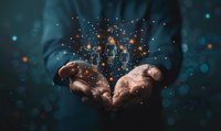 Digital transformation concept showing hands holding glowing virtual human icons, symbolizing human resources management and digital workforce solutions in modern business.