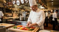 Professional chef in white uniform and hat preparing fresh vegetables on cutting board in busy commercial restaurant kitchen with stainless steel equipment and staff.