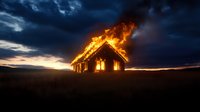 Dramatic burning wooden house silhouette against stormy sunset sky, flames engulfing abandoned rural structure in open field with dark clouds overhead.