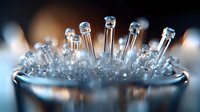 Glowing LED diodes in rows emerging from dark surface with bokeh effect and selective focus, creating futuristic technology mood in blue tones.
