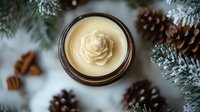 Creamy coffee latte art rose foam in ceramic cup surrounded by snowy pine branches, cinnamon sticks and pinecones for cozy winter holiday morning atmosphere.