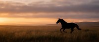 Wild horse galloping through golden grassland at sunset with dramatic cloudy sky and mountain silhouettes in background creating peaceful countryside scene.