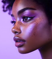 Close-up profile of young Black woman with purple glitter makeup, freckles, and curly hair against purple background for beauty and cosmetic advertising.