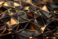 Abstract geometric network with interconnected golden triangular shapes and glowing edges on dark background, representing digital connectivity, data flow, and modern technology concepts.