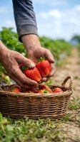 Senior farmer hands holding fresh ripe strawberries over wicker basket in organic farm field during harvest season for healthy eating and agriculture.