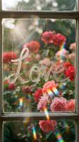 Love written on a rainy window with a blooming rose garden, rainbow light, and sunbeams creating a romantic, dreamy atmosphere.