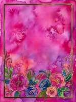 Vibrant pink watercolor background with gold frame and colorful floral border, featuring roses and peonies, perfect for greeting cards and invitations.