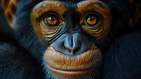 Close-up portrait of young chimpanzee face showing expressive amber eyes, detailed facial features and wrinkled skin texture against dark background. Wildlife photography.