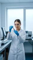 Female scientist in lab coat examining blood sample in test tube wearing safety glasses and blue gloves in modern laboratory for medical research and analysis.