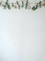 Hanging eucalyptus garland with wooden stars on twine against white wall background. Botanical decoration for events, weddings, and seasonal styling projects.