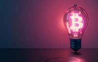 Glowing bitcoin symbol inside light bulb on dark background with pink and blue gradient lighting, creative cryptocurrency concept for financial innovation.