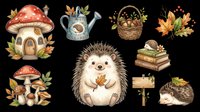 Cute hedgehog autumn clipart set isolated on transparent background, featuring mushroom house, basket, books, and fall leaves, for stickers, t-shirts, and print on demand.