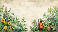 Watercolor herbal medicine bottles and jars with medicinal plants, herbs and flowers on vintage paper background for natural healing and wellness.