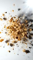 Explosion of golden and brown particles dispersing against white background, creating dynamic motion effect suitable for design projects, backgrounds, and digital compositions.