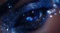 Mesmerizing close-up of woman's eye with sparkling blue glitter makeup, dark lashes and cosmic-inspired artistic beauty look creating ethereal effect. For beauty and fashion.