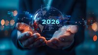 Futuristic hands holding glowing digital hologram with year 2026, surrounded by data visualization elements and network connections on dark blue background.