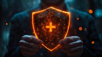 Glowing orange shield with medical cross symbol held in hands against dark background with bokeh lights, representing health protection and medical security.