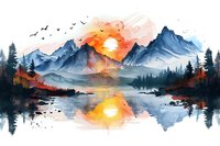 Watercolor mountain landscape with sunset reflection in lake, pine forest silhouettes, and flying birds against orange sky, artistic nature scene.