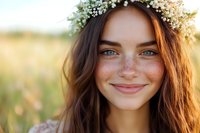 Young woman with freckles and flower crown smiling at camera in summer field during golden hour, natural beauty portrait with soft bokeh background.