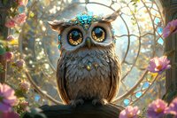 Magical brown owl with glowing blue eyes perched on branch amid pink flowers and glowing butterflies in enchanted forest setting with soft bokeh light effects.