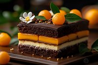 Layered chocolate cake with orange curd filling, decorated with fresh kumquats and white flower on dark background, gourmet dessert photography.