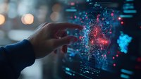 Hand touching futuristic holographic interface with glowing red and blue network connections, digital data visualization on dark background with bokeh lights.