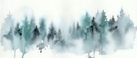 Misty watercolor forest landscape with evergreen trees in soft blue and green tones creating dreamy atmospheric scene for nature artwork and home decor.