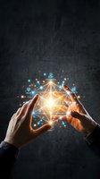Hands holding glowing digital network with interconnected nodes, golden light, and business keywords like innovation, value, growth, and impact on dark textured background for corporate concepts.