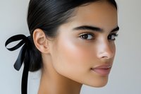 Young Hispanic woman with natural makeup and black ribbon in hair against light background, side profile portrait showcasing clean glowing skin and defined features.