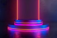 Futuristic neon podium with glowing pink and blue lights against dark background, perfect for product display or modern event stage.