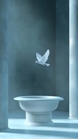 White dove flying over ancient marble basin in mystical temple atmosphere with ethereal light beams and misty air, creating spiritual ambiance.