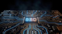 Digital circuit board with glowing SEO text at center, featuring blue and orange electronic pathways for technology and marketing concepts.