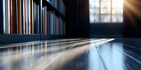 Dramatic sunlight streaming through window creates diagonal light beams across wooden floor in empty room, with motion blur effect adding dynamic atmosphere.