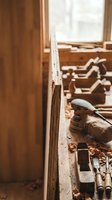 Traditional woodworking workshop with vintage hand tools, wooden ruler and wood shavings on workbench. Carpentry craftsmanship and artisan furniture making concept.
