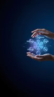 Hands holding glowing digital network structure with governance, departments, finance, operations, and HR icons on dark blue background for business management concepts.
